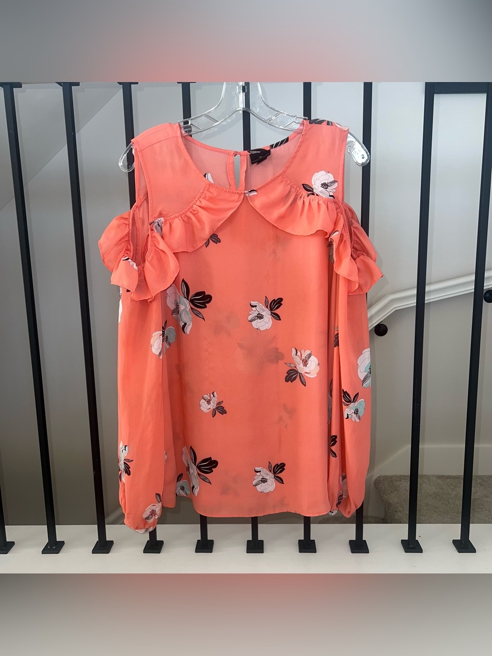 Worthington Floral Cold-Shoulder Ruffle Blouse - Coral